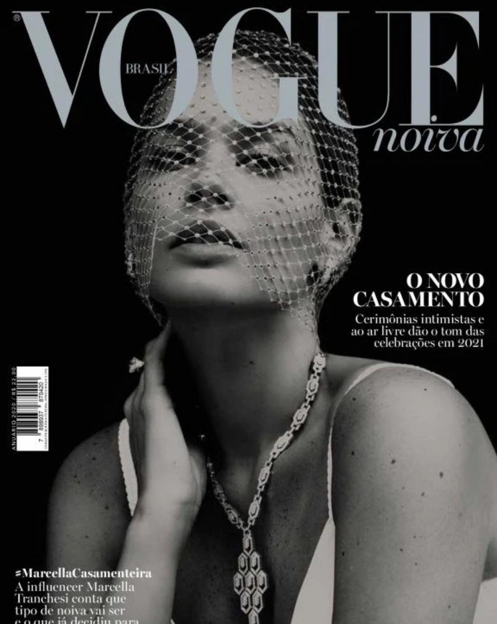 Revista Vogue Noiva - Capa com Marcella Tranquesi usando voilette Graciella Starling - Alta chapelaria 